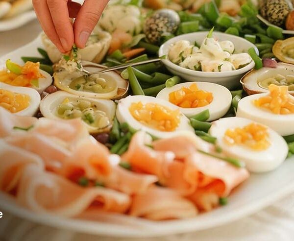 Easter lunch platter with deviled eggs, smoked salmon, green beans, and spring sides