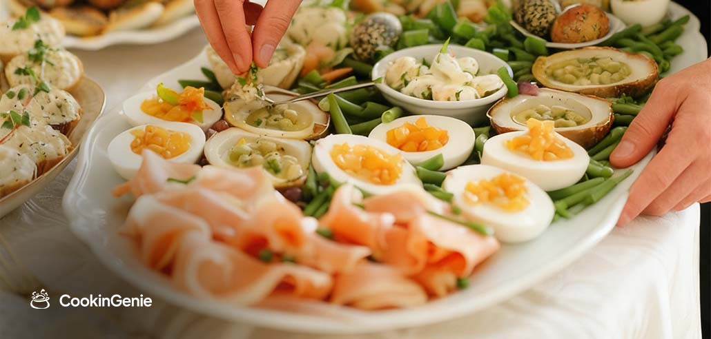 Easter lunch platter with deviled eggs, smoked salmon, green beans, and spring sides