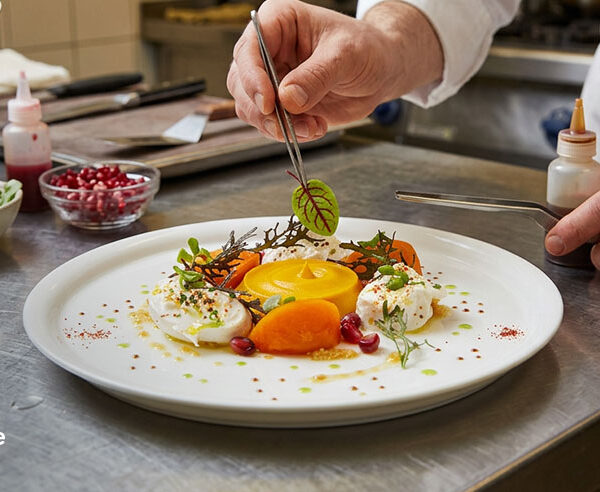 A private chef carefully plating a Michelin-star dish with tweezers in a professional kitchen