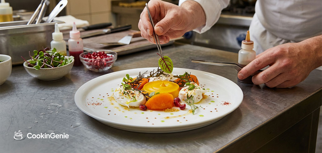 A private chef carefully plating a Michelin-star dish with tweezers in a professional kitchen