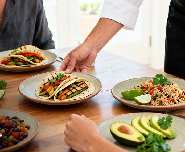 Private chef serving authentic Mexican vegetarian recipes at a home dining table