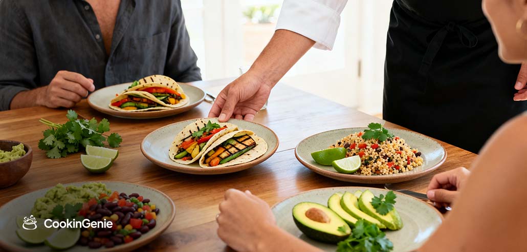 Private chef serving authentic Mexican vegetarian recipes at a home dining table
