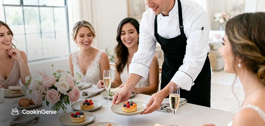 Private chef serving bridal shower food to smiling guests at a decorated table
