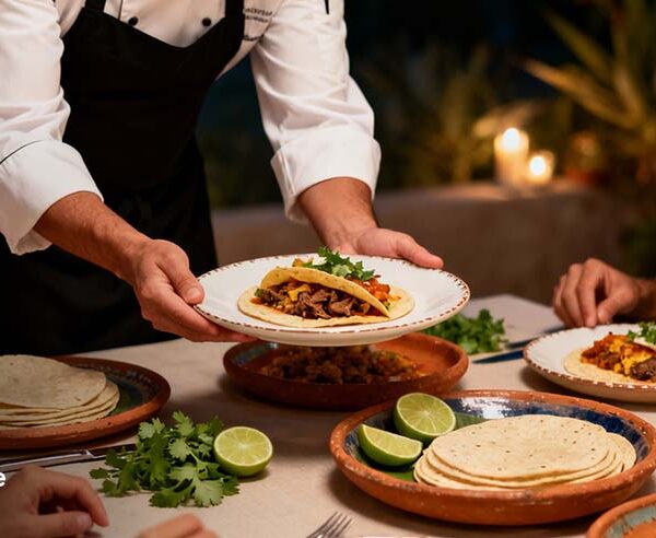 Private chef serving traditional Mexican dishes at an outdoor dinner table