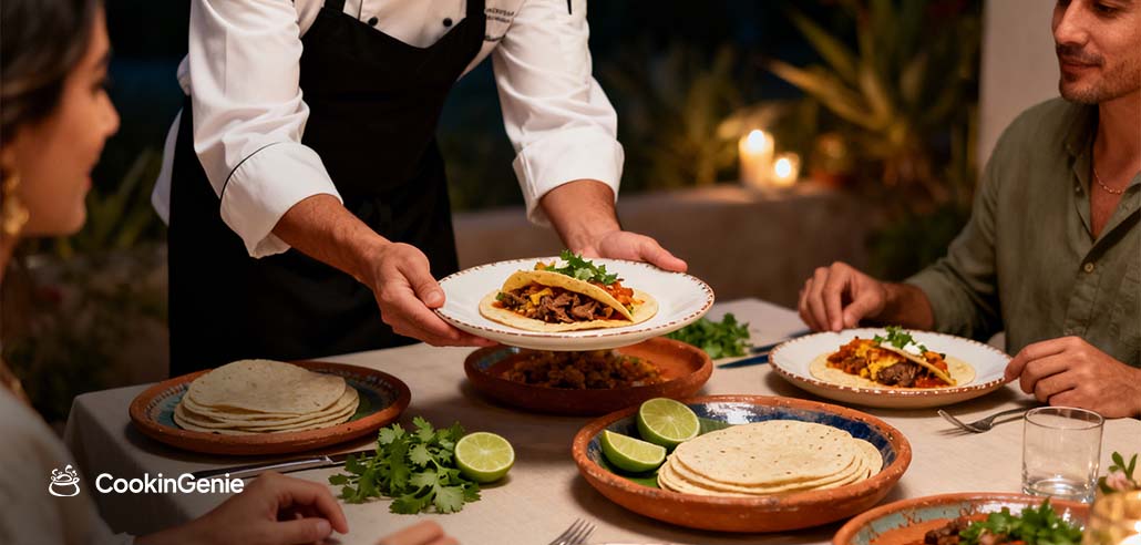 Private chef serving traditional Mexican dishes at an outdoor dinner table