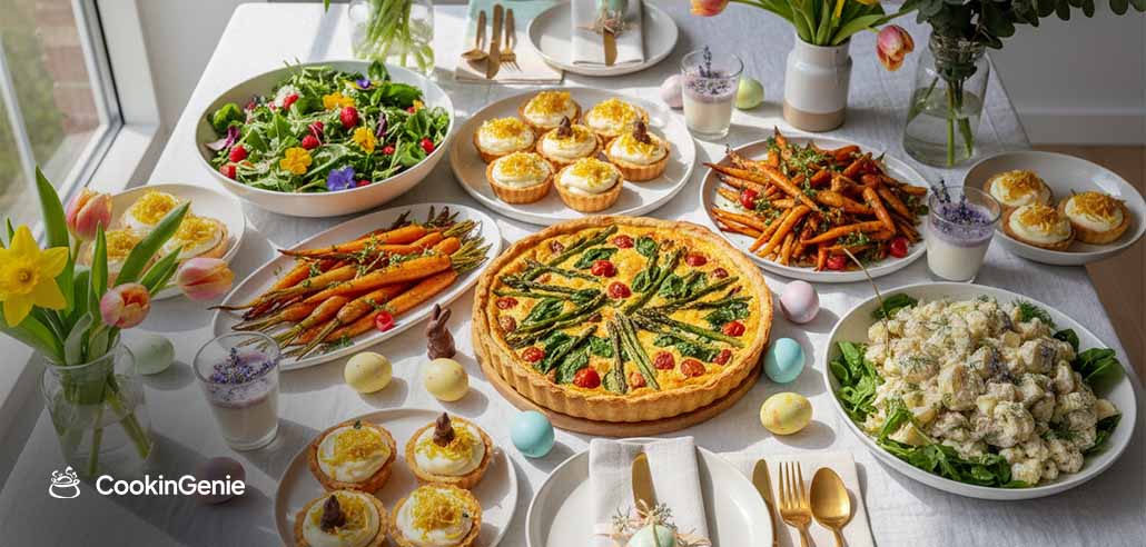 Traditional Easter lunch table with asparagus quiche, roasted carrots, spring salad, and deviled eggs