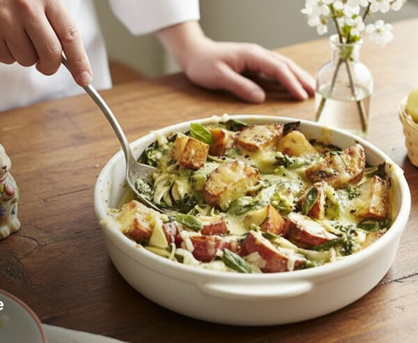 Chef serving a vegetable bake at an Easter lunch table with decorated eggs