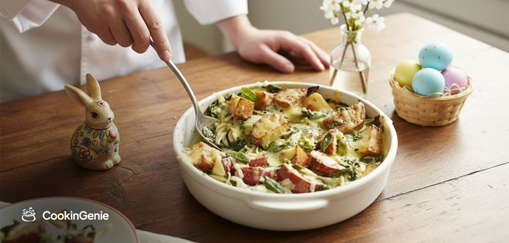 Chef serving a vegetable bake at an Easter lunch table with decorated eggs