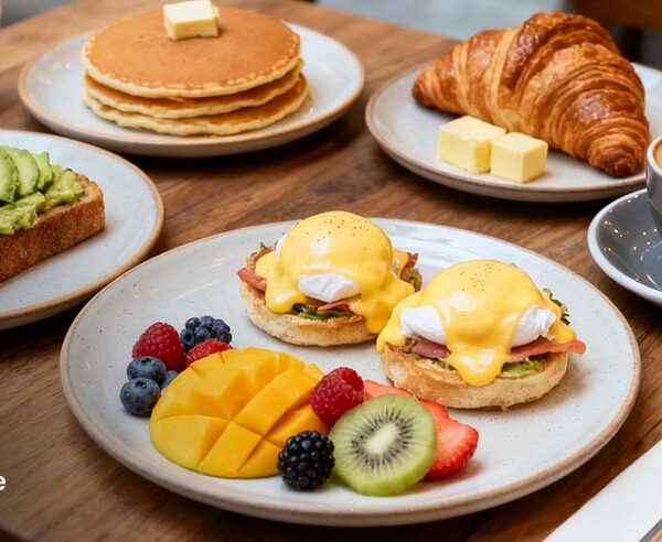 Eggs Benedict, avocado toast, pancakes, and latte served at brunch Upper East Side NYC