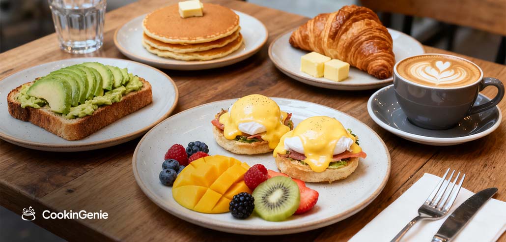 Eggs Benedict, avocado toast, pancakes, and latte served at brunch Upper East Side NYC
