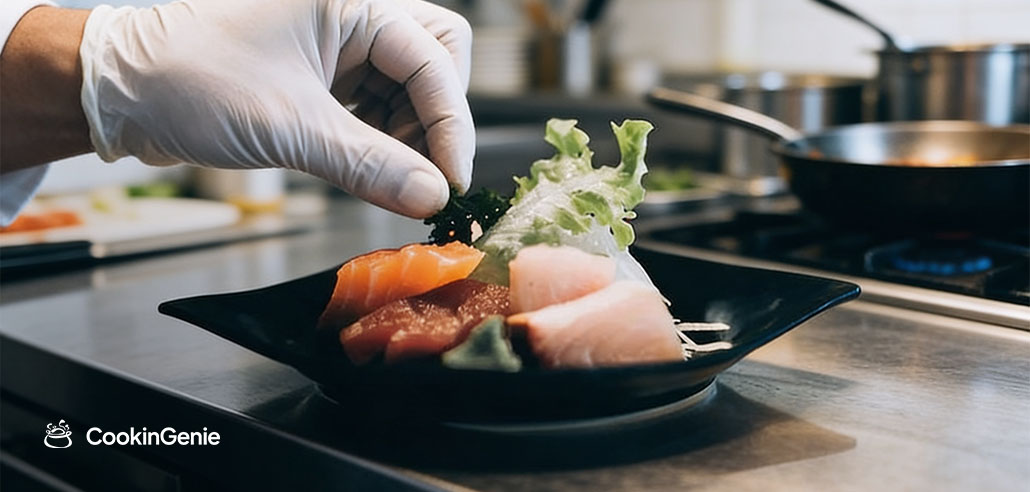 Private chef plating fresh sashimi on a black dish during an omakase dining experience