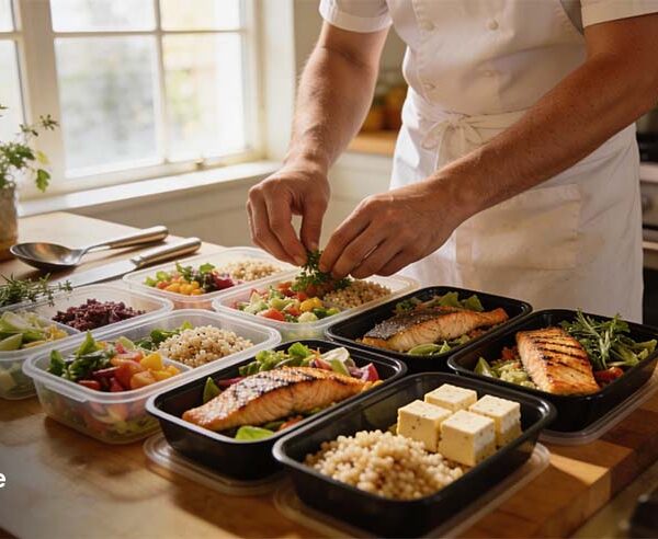 Personal chef arranging freshly prepped meals in containers on a kitchen counter