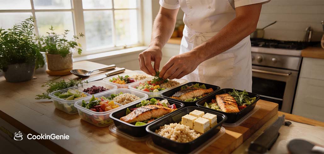 Personal chef arranging freshly prepped meals in containers on a kitchen counter