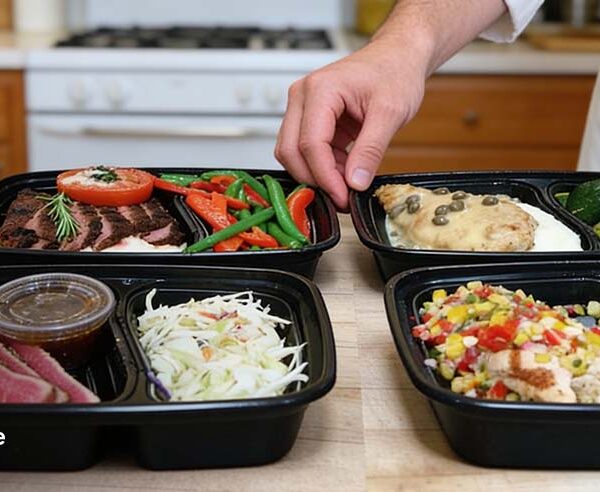 Private chef arranging meal prep containers in a Huntington Beach home kitchen