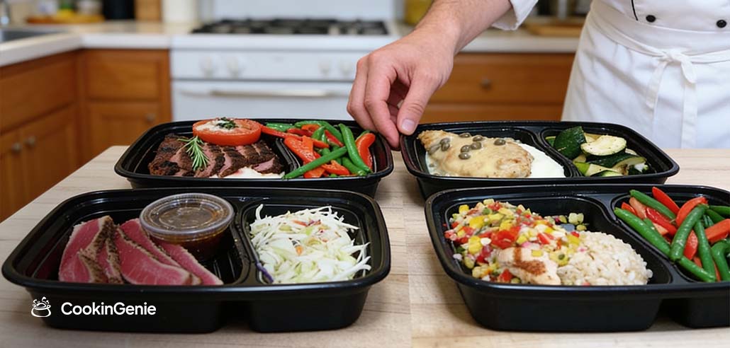 Private chef arranging meal prep containers in a Huntington Beach home kitchen