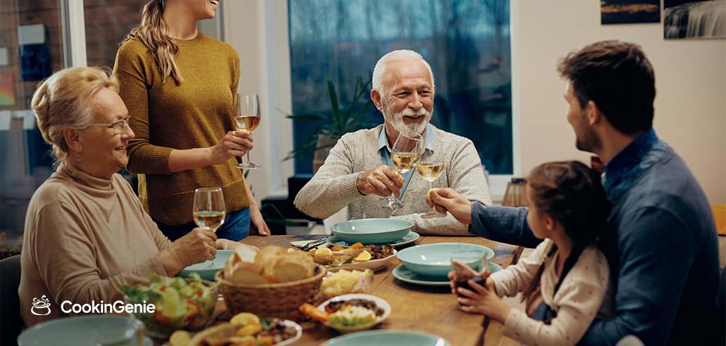 Family enjoying a meaningful Father's Day dinner at home with loved ones gathered around the table